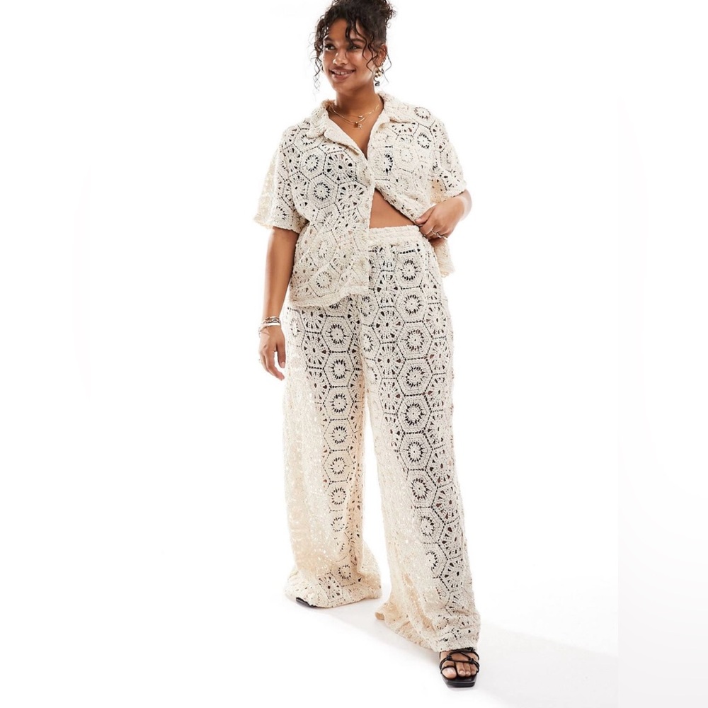 Crochet Button-Front Swim Coverup Set in Cream